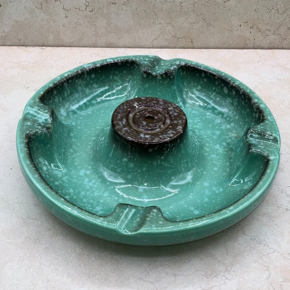 Vintage The Hyde Park No. 1900 Green  Glaze Ceramic Weighted Ashtray  1940-1950